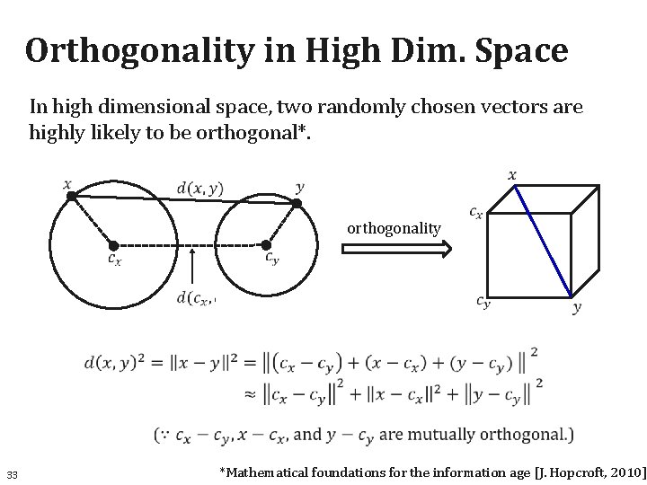 Orthogonality in High Dim. Space In high dimensional space, two randomly chosen vectors are