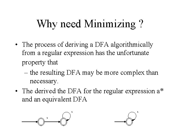 Why need Minimizing ? • The process of deriving a DFA algorithmically from a