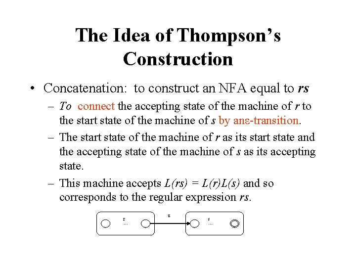 The Idea of Thompson’s Construction • Concatenation: to construct an NFA equal to rs