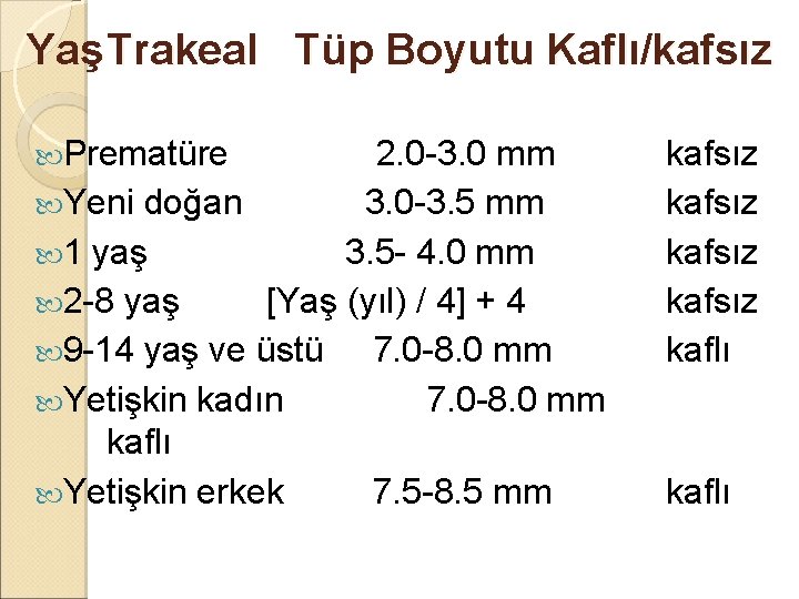 Yaş Trakeal Tüp Boyutu Kaflı/kafsız Prematüre 2. 0 -3. 0 mm Yeni doğan 3. Yaş Trakeal Tüp Boyutu Kaflı/kafsız Prematüre 2. 0 -3. 0 mm Yeni doğan 3.