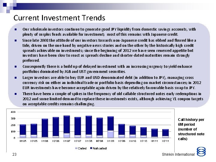 Current Investment Trends n n n Our wholesale investors continue to generate good JPY