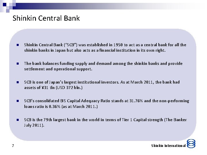Shinkin Central Bank 7 n Shinkin Central Bank (“SCB”) was established in 1950 to