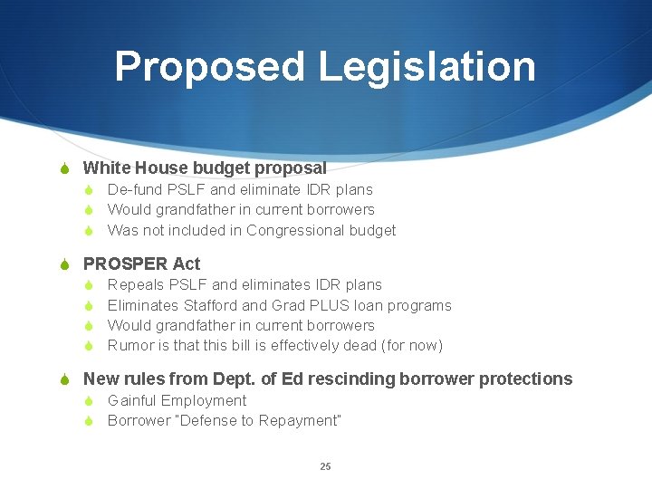 Proposed Legislation S White House budget proposal S De-fund PSLF and eliminate IDR plans