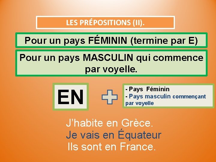 LES PRÉPOSITIONS (II). Pour un pays FÉMININ (termine par E) Pour un pays MASCULIN