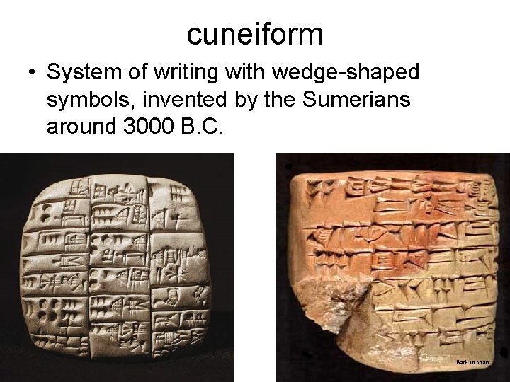 cuneiform • System of writing with wedge-shaped symbols, invented by the Sumerians around 3000
