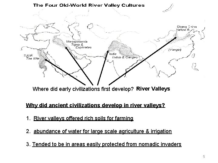 Where did early civilizations first develop? River Valleys Why did ancient civilizations develop in