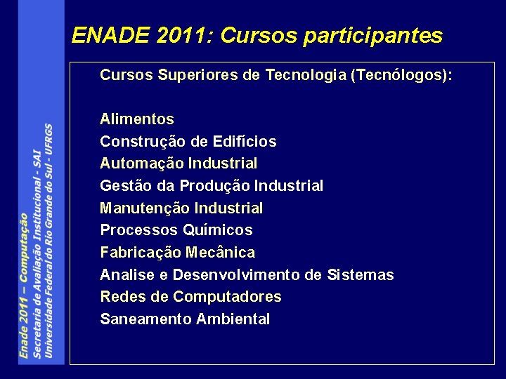 ENADE 2011: Cursos participantes Cursos Superiores de Tecnologia (Tecnólogos): Alimentos Construção de Edifícios Automação