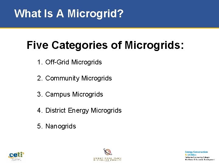 What Is A Microgrid? Five Categories of Microgrids: 1. Off-Grid Microgrids 2. Community Microgrids