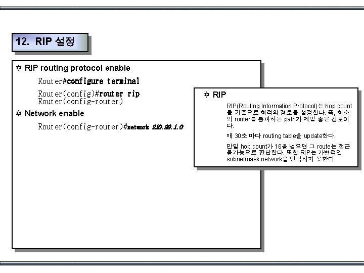 12. RIP 설정 Y RIP routing protocol enable Router#configure terminal Router(config)#router rip Router(config-router) Y