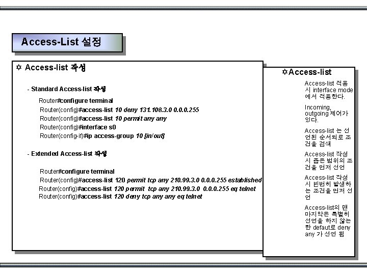 Access-List 설정 Y Access-list 작성 - Standard Access-list 작성 Router#configure terminal Router(config)#access-list 10 deny