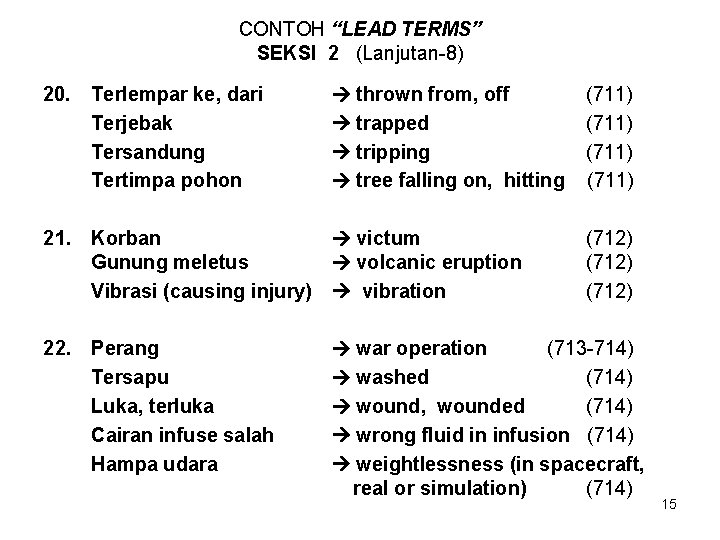 CONTOH “LEAD TERMS” SEKSI 2 (Lanjutan-8) 20. Terlempar ke, dari Terjebak Tersandung Tertimpa pohon