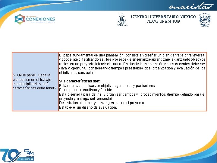CENTRO UNIVERSITARIO MÉXICO CLAVE UNAM: 1009 El papel fundamental de una planeación, consiste en