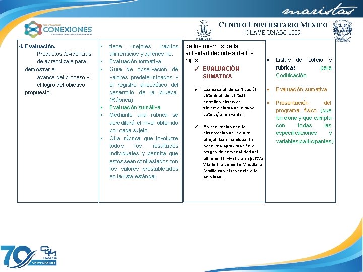 CENTRO UNIVERSITARIO MÉXICO CLAVE UNAM: 1009 4. Evaluación. • Productos /evidencias de aprendizaje para