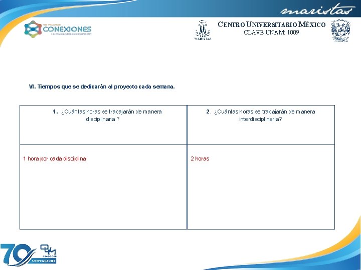 CENTRO UNIVERSITARIO MÉXICO CLAVE UNAM: 1009 VI. Tiempos que se dedicarán al proyecto cada