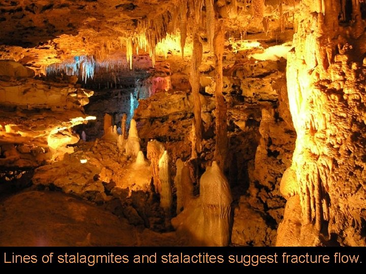 Lines of stalagmites and stalactites suggest fracture flow. 