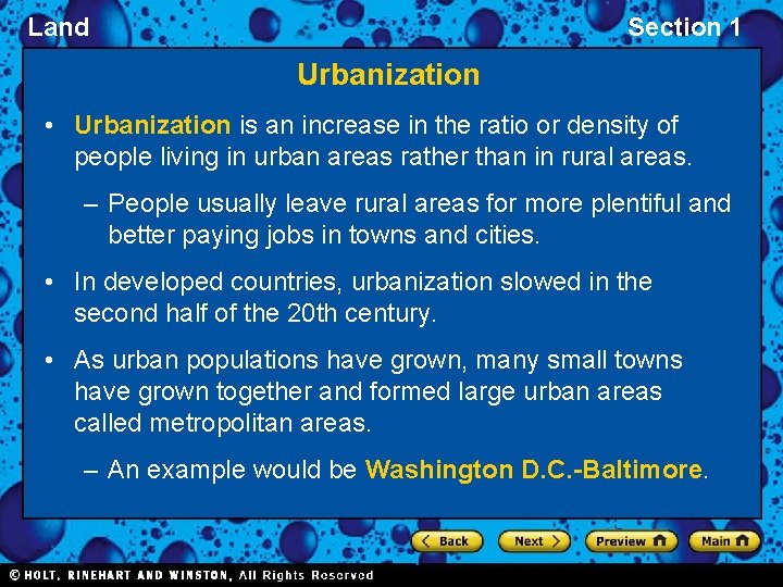 Land Section 1 Urbanization • Urbanization is an increase in the ratio or density