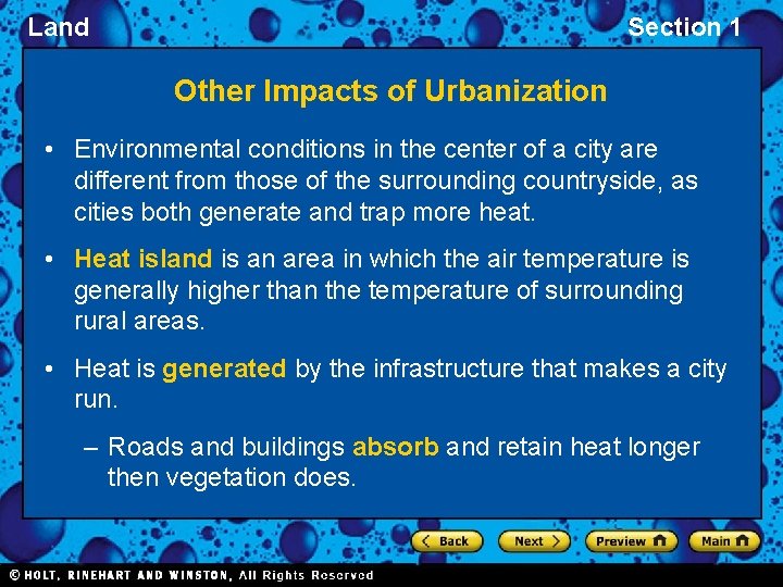 Land Section 1 Other Impacts of Urbanization • Environmental conditions in the center of