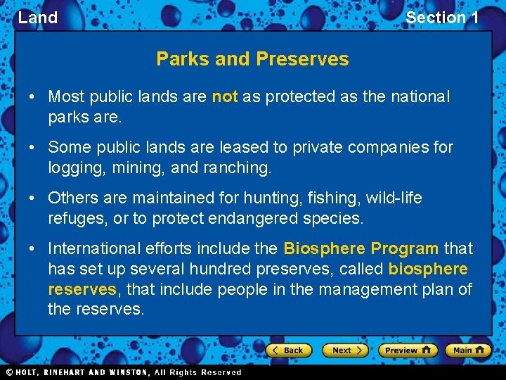 Land Section 1 Parks and Preserves • Most public lands are not as protected