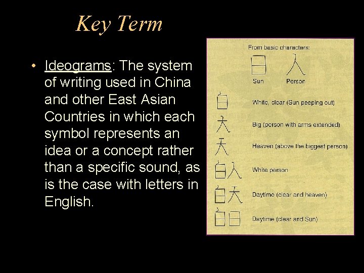 Key Term • Ideograms: The system of writing used in China and other East