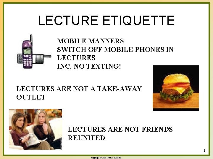 LECTURE ETIQUETTE MOBILE MANNERS SWITCH OFF MOBILE PHONES IN LECTURES INC. NO TEXTING! LECTURES
