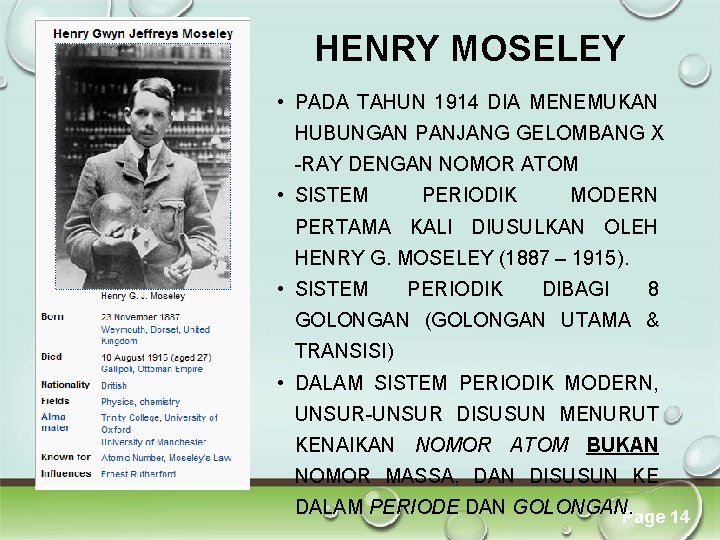HENRY MOSELEY • PADA TAHUN 1914 DIA MENEMUKAN HUBUNGAN PANJANG GELOMBANG X -RAY DENGAN HENRY MOSELEY • PADA TAHUN 1914 DIA MENEMUKAN HUBUNGAN PANJANG GELOMBANG X -RAY DENGAN