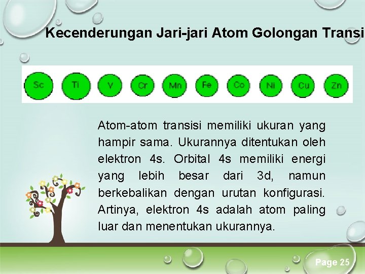Kecenderungan Jari-jari Atom Golongan Transis Atom-atom transisi memiliki ukuran yang hampir sama. Ukurannya ditentukan Kecenderungan Jari-jari Atom Golongan Transis Atom-atom transisi memiliki ukuran yang hampir sama. Ukurannya ditentukan