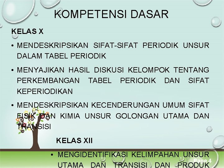 KOMPETENSI DASAR KELAS X • MENDESKRIPSIKAN SIFAT-SIFAT PERIODIK UNSUR DALAM TABEL PERIODIK • MENYAJIKAN KOMPETENSI DASAR KELAS X • MENDESKRIPSIKAN SIFAT-SIFAT PERIODIK UNSUR DALAM TABEL PERIODIK • MENYAJIKAN