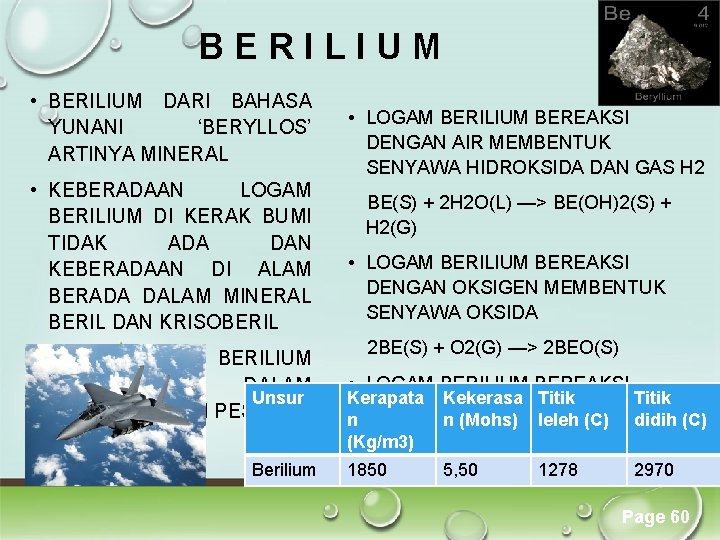 BERILIUM • BERILIUM DARI BAHASA YUNANI ‘BERYLLOS’ ARTINYA MINERAL • KEBERADAAN LOGAM BERILIUM DI BERILIUM • BERILIUM DARI BAHASA YUNANI ‘BERYLLOS’ ARTINYA MINERAL • KEBERADAAN LOGAM BERILIUM DI