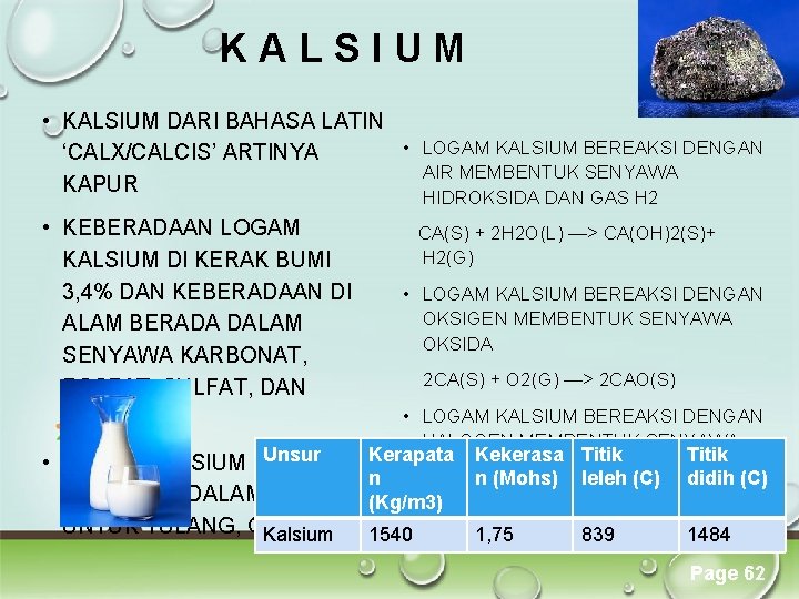 KALSIUM • KALSIUM DARI BAHASA LATIN • LOGAM KALSIUM BEREAKSI DENGAN ‘CALX/CALCIS’ ARTINYA AIR KALSIUM • KALSIUM DARI BAHASA LATIN • LOGAM KALSIUM BEREAKSI DENGAN ‘CALX/CALCIS’ ARTINYA AIR