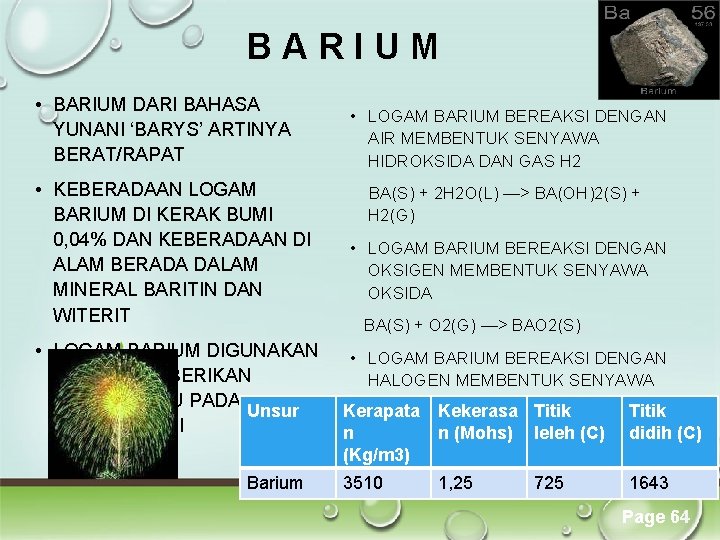 BARIUM • BARIUM DARI BAHASA YUNANI ‘BARYS’ ARTINYA BERAT/RAPAT • KEBERADAAN LOGAM BARIUM DI BARIUM • BARIUM DARI BAHASA YUNANI ‘BARYS’ ARTINYA BERAT/RAPAT • KEBERADAAN LOGAM BARIUM DI