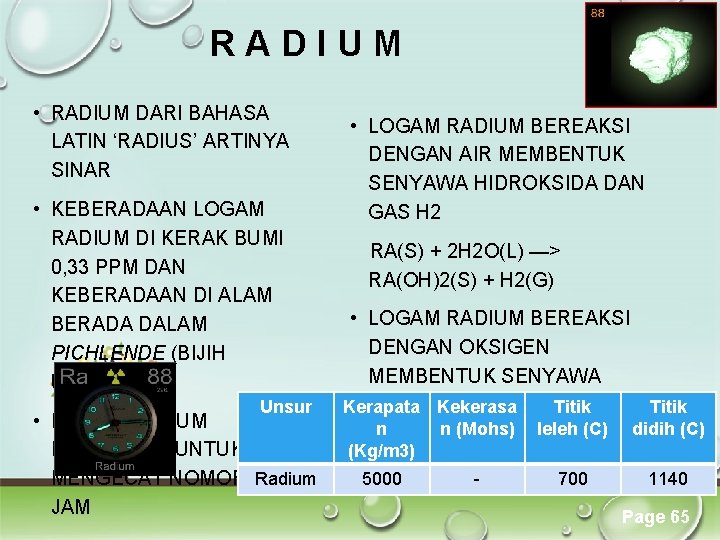 RADIUM • RADIUM DARI BAHASA LATIN ‘RADIUS’ ARTINYA SINAR • KEBERADAAN LOGAM RADIUM DI RADIUM • RADIUM DARI BAHASA LATIN ‘RADIUS’ ARTINYA SINAR • KEBERADAAN LOGAM RADIUM DI