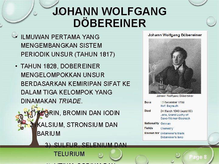 JOHANN WOLFGANG DÖBEREINER • ILMUWAN PERTAMA YANG MENGEMBANGKAN SISTEM PERIODIK UNSUR (TAHUN 1817) • JOHANN WOLFGANG DÖBEREINER • ILMUWAN PERTAMA YANG MENGEMBANGKAN SISTEM PERIODIK UNSUR (TAHUN 1817) •