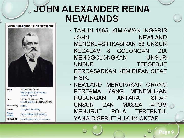 JOHN ALEXANDER REINA NEWLANDS • TAHUN 1865, KIMIAWAN INGGRIS JOHN NEWLAND MENGKLASIFIKASIKAN 56 UNSUR JOHN ALEXANDER REINA NEWLANDS • TAHUN 1865, KIMIAWAN INGGRIS JOHN NEWLAND MENGKLASIFIKASIKAN 56 UNSUR