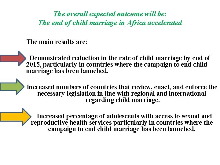 The overall expected outcome will be: The end of child marriage in Africa accelerated The overall expected outcome will be: The end of child marriage in Africa accelerated