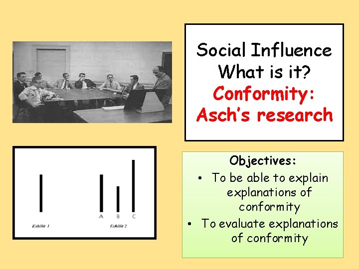 Social Influence What is it? Conformity: Asch’s research Objectives: • To be able to