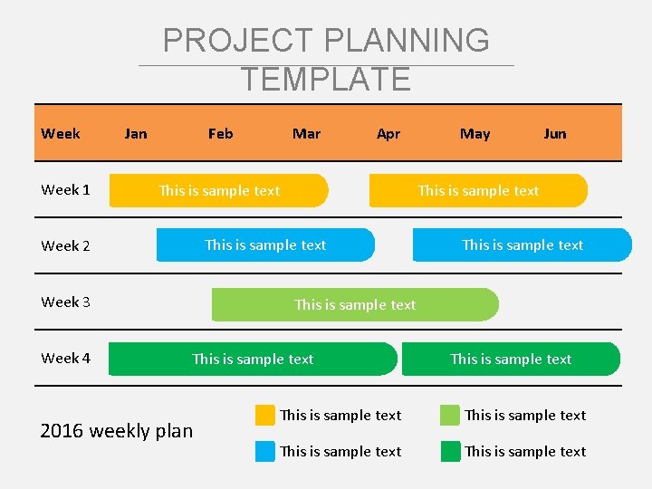PROJECT PLANNING TEMPLATE Week 1 Jan Feb Apr This is sample text Week 3