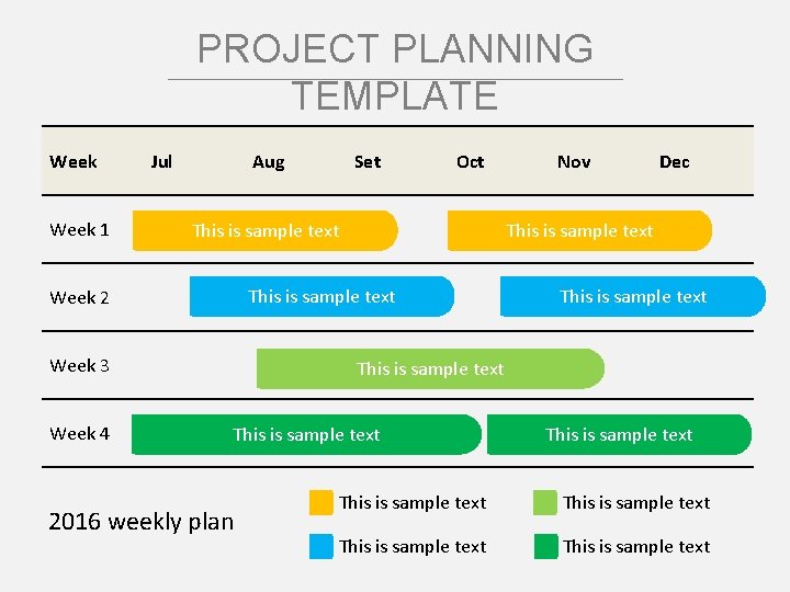PROJECT PLANNING TEMPLATE Week 1 Jul Aug Oct This is sample text Week 3