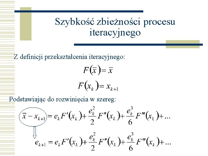 Szybkość zbieżności procesu iteracyjnego Z definicji przekształcenia iteracyjnego: Podstawiając do rozwinięcia w szereg: 