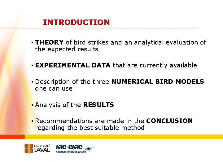 INTRODUCTION • THEORY of bird strikes and an analytical evaluation of the expected results
