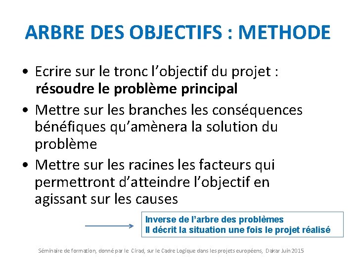 ARBRE DES OBJECTIFS : METHODE • Ecrire sur le tronc l’objectif du projet :