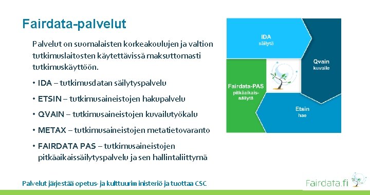 Fairdata-palvelut Palvelut on suomalaisten korkeakoulujen ja valtion tutkimuslaitosten käytettävissä maksuttomasti tutkimuskäyttöön. • IDA –