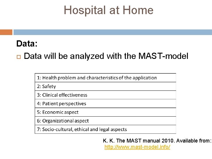 Hospital at Home Data: Data will be analyzed with the MAST-model K. K. The