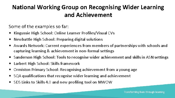 National Working Group on Recognising Wider Learning and Achievement Some of the examples so