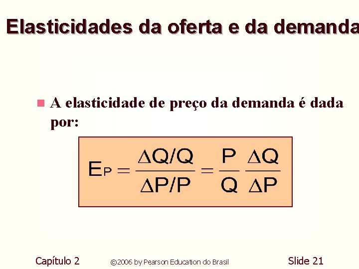 Elasticidades da oferta e da demanda n A elasticidade de preço da demanda é Elasticidades da oferta e da demanda n A elasticidade de preço da demanda é