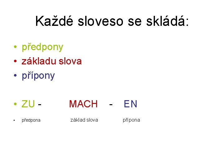Každé sloveso se skládá: • předpony • základu slova • přípony • ZU •
