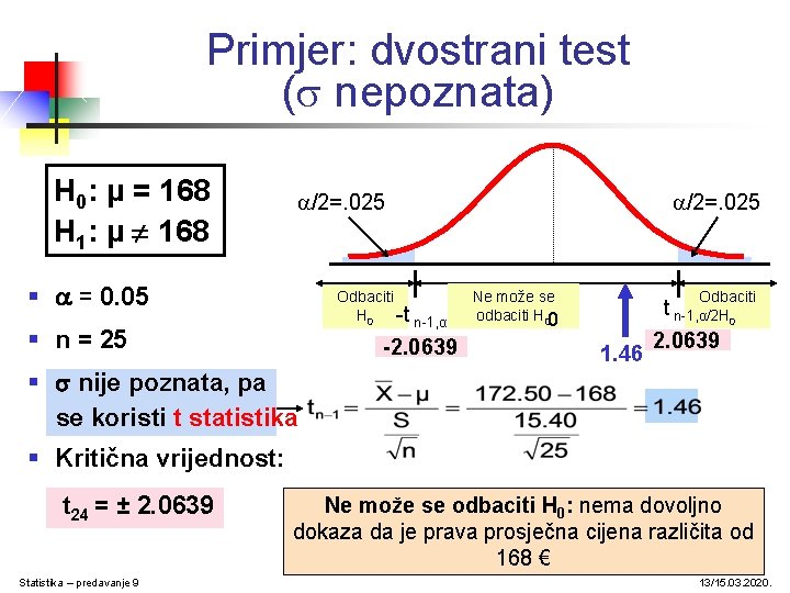 Primjer: dvostrani test ( nepoznata) H 0: μ = 168 H 1: μ ¹