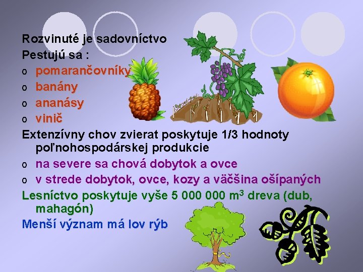 Rozvinuté je sadovníctvo Pestujú sa : o pomarančovníky o banány o ananásy o vinič