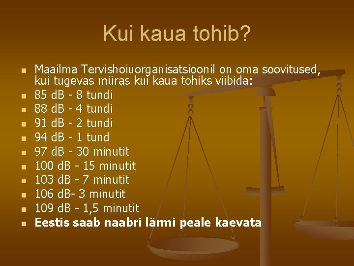 Kui kaua tohib? n n n Maailma Tervishoiuorganisatsioonil on oma soovitused, kui tugevas müras