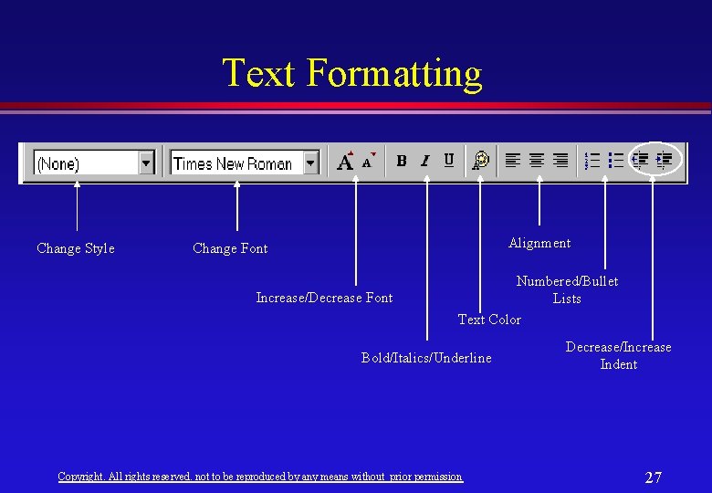 Text Formatting Change Style Alignment Change Font Increase/Decrease Font Numbered/Bullet Lists Text Color Bold/Italics/Underline Text Formatting Change Style Alignment Change Font Increase/Decrease Font Numbered/Bullet Lists Text Color Bold/Italics/Underline