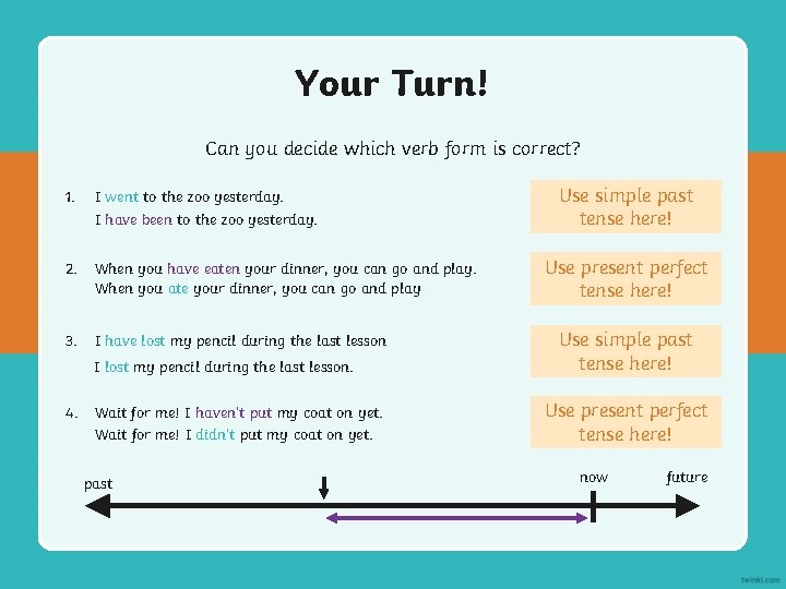 Your Turn! Can you decide which verb form is correct? 1. I went to Your Turn! Can you decide which verb form is correct? 1. I went to